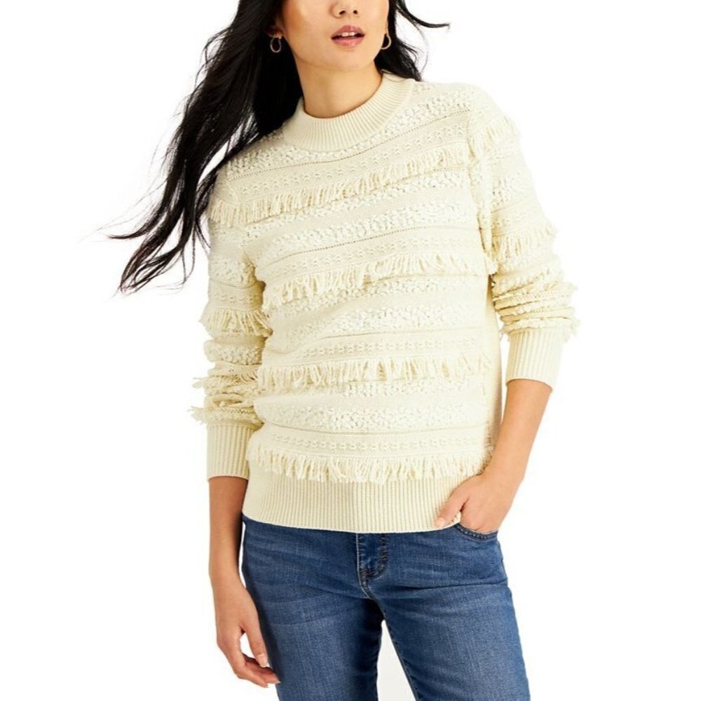 Style & Co Womens‎ Size XS Cotton Fringed Pullover Sweater Antique Cream $59 SW3